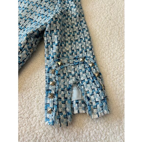 Vintage Boho Chic Blazer Women's Frayed Trim Blue Plaid Studded Short 10 Reg - Picture 10 of 10